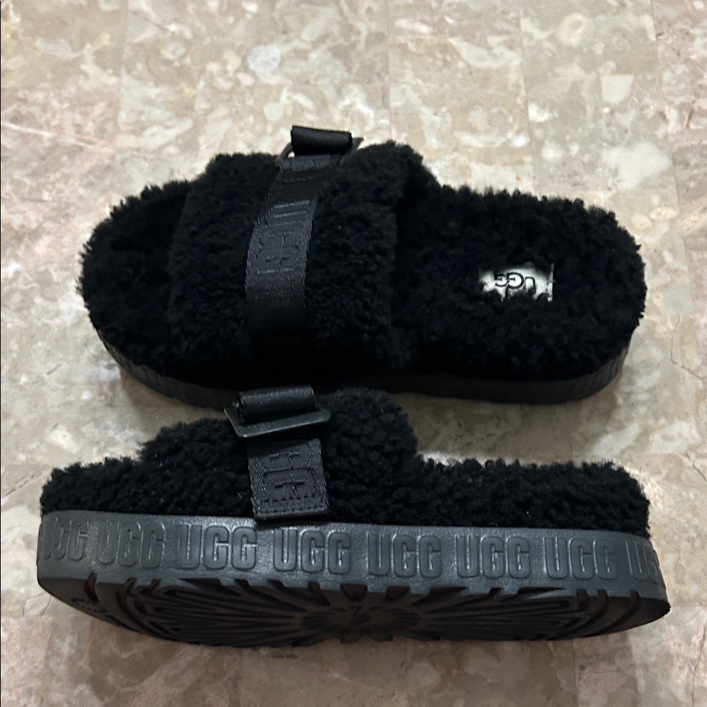 UGG Black Shearling Slide Sandals with Branded Adjustable Strap